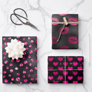 Bright Pink and Black Glam Feminine Patterns Wrapping Paper Sheet