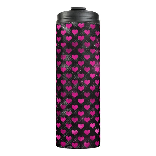 Bright Pink and Black Glam Hearts Pattern Thermal Tumbler (Front)