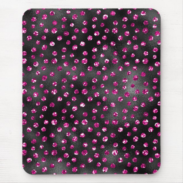 Bright Pink and Black Glam Polka Dot Print Mouse Pad (Front)