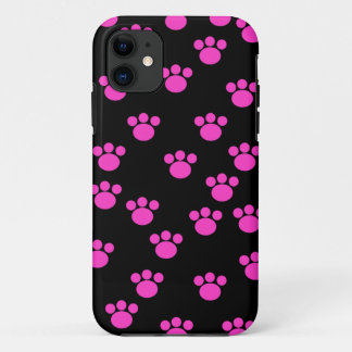 Bright Pink and Black Paw Print Pattern. iPhone 11 Case