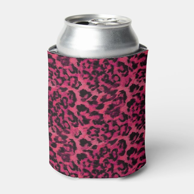 Bright pink and black spotted leopard can cooler (Can Front)
