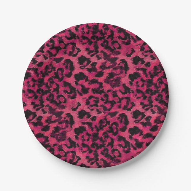 Bright pink and black spotted leopard paper plate (Front)