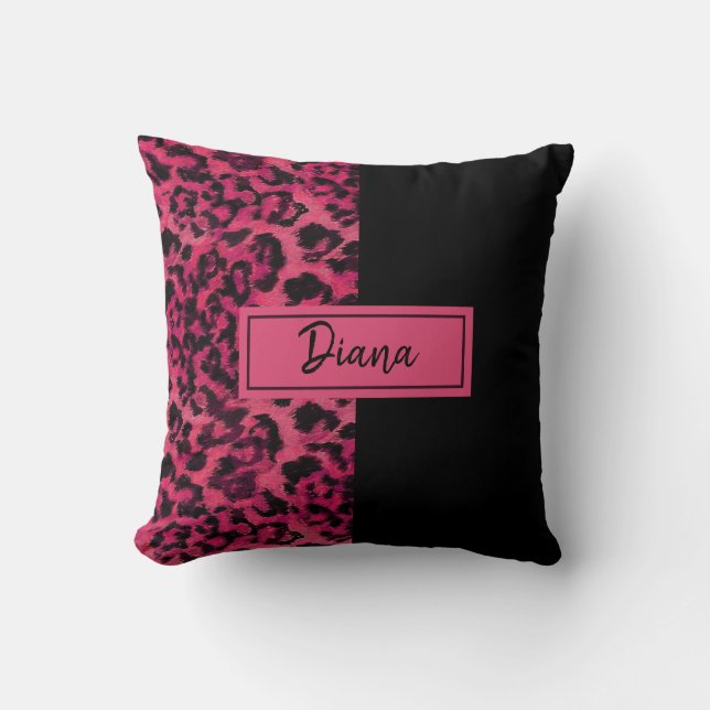 Bright pink and black spotted leopard throw pillow (Front)