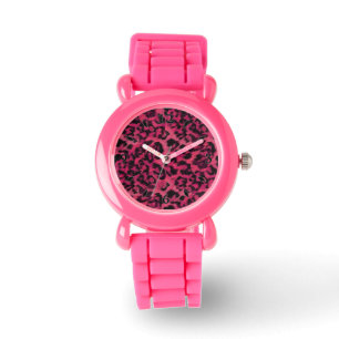 Bright pink and black spotted leopard watch