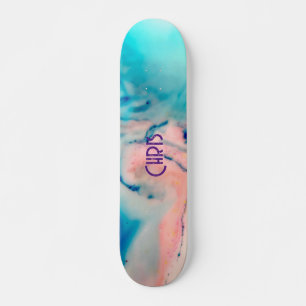bright pink and blue alcohol ink watercolour skate skateboard