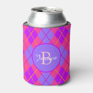 Bright Pink and Blue Argyle Pattern Monogram Can Cooler