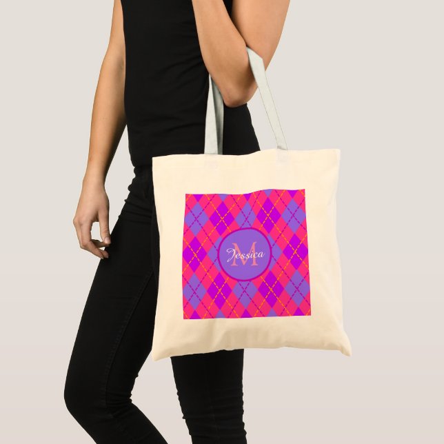 Bright Pink and Blue Argyle Pattern Monogram Tote Bag (Front (Product))