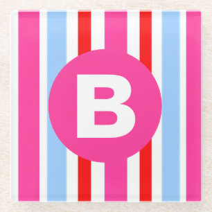 Bright Pink and Blue Candy Stripes Monogram Glass Coaster