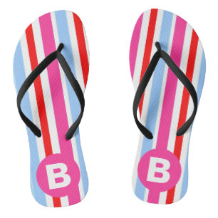 Bright Pink and Blue Candy Stripes Monogram Jandals