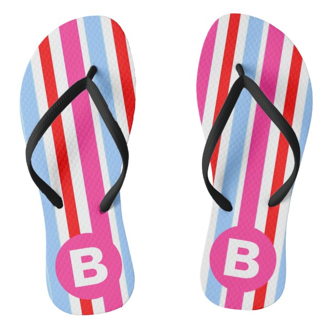 Bright Pink and Blue Candy Stripes Monogram Jandals (Footbed)