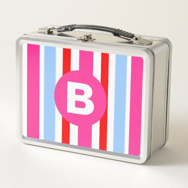 Bright Pink and Blue Candy Stripes Monogram Metal Lunch Box (Front)