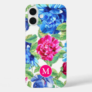 Bright Pink and Blue Floral Pretty Monogram iPhone 16 Plus Case