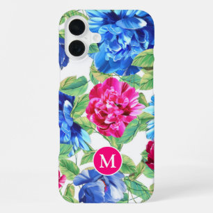 Bright Pink and Blue Floral Pretty Monogram iPhone 16 Plus Case
