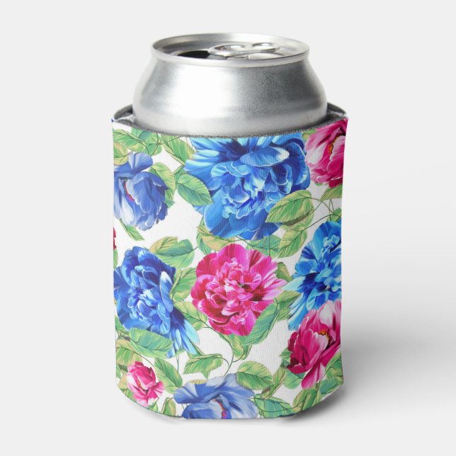 Bright Pink and Blue Floral Pretty Pattern Can Cooler (Can Front)