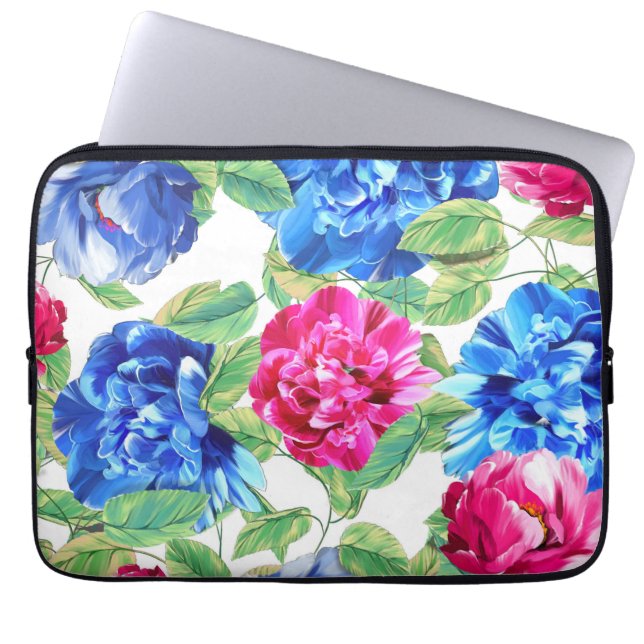 Bright Pink and Blue Floral Pretty Pattern Laptop Sleeve (Front)