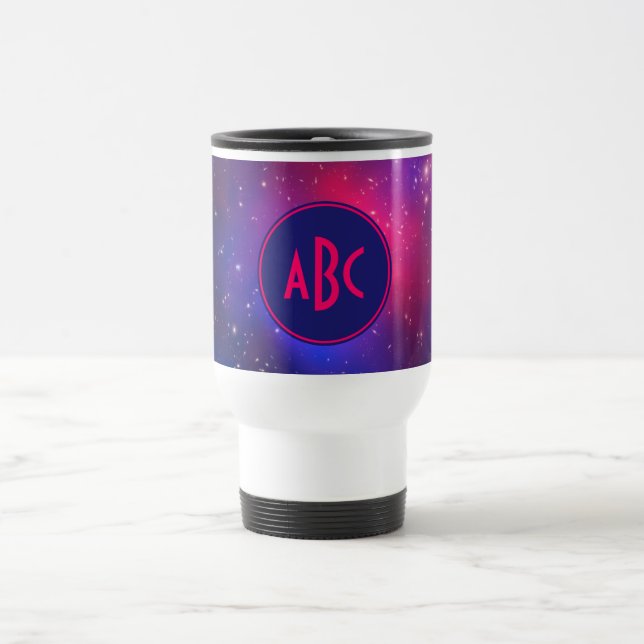 Bright Pink and Blue Galaxy Cluster Monogram Travel Mug (Center)