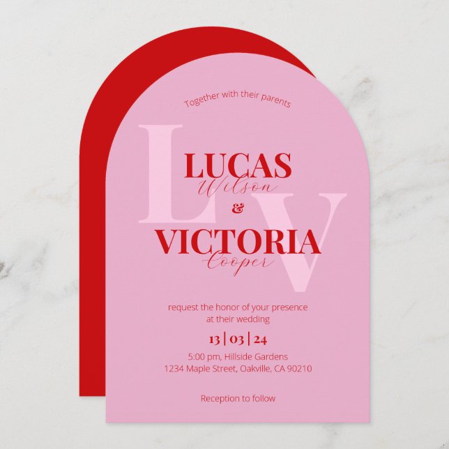 Bright Pink and Bold Red Arch Wedding Invitation (Front/Back)