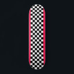 Bright pink and checkerboard skateboard<br><div class="desc">A black and white classic checkerboard pattern,  with some bright vibrant pink.</div>