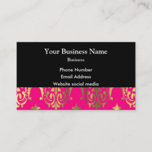 Bright pink and gold damask on black business card