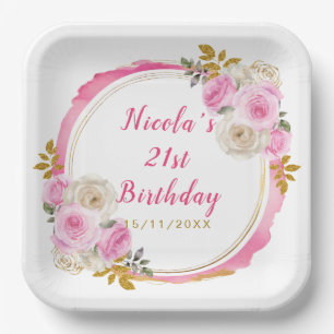 Bright Pink and Gold Elegant Flower Birthday Party Paper Plate