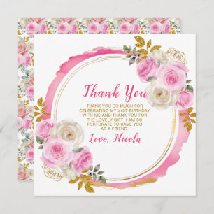 Bright Pink and Gold Elegant Flowers Birthday Thank You Card