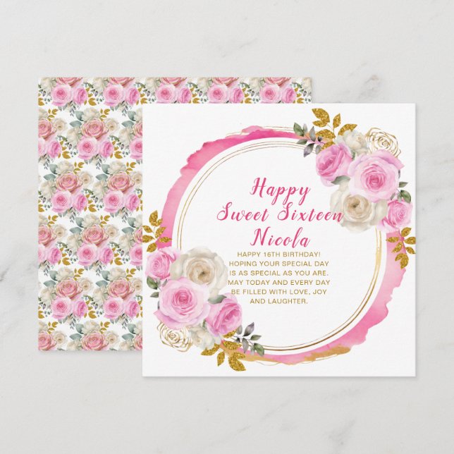 Bright Pink and Gold Elegant Flowers Sweet Sixteen Card (Front/Back)