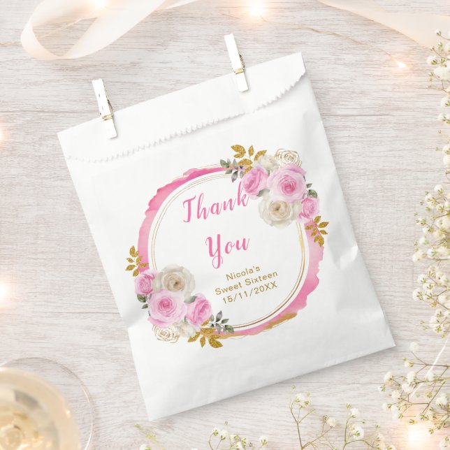 Bright Pink and Gold Elegant Flowers Sweet Sixteen Favour Bags (Clipped)