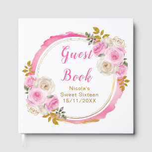 Bright Pink and Gold Elegant Flowers Sweet Sixteen Guest Book