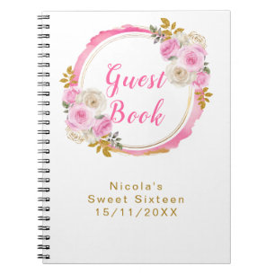 Bright Pink and Gold Elegant Flowers Sweet Sixteen Notebook