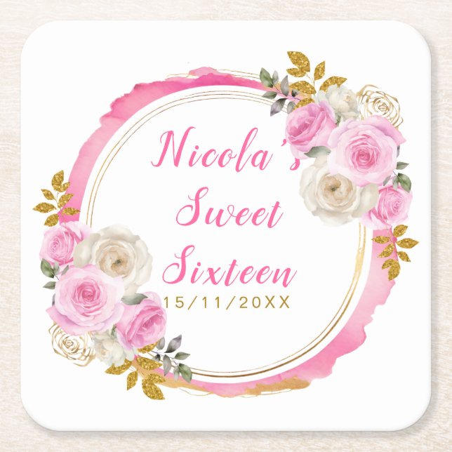 Bright Pink and Gold Elegant Flowers Sweet Sixteen Square Paper Coaster (Front)