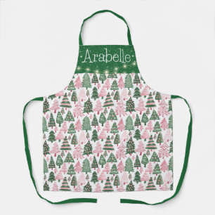 Bright Pink and Green Christmas Trees Apron