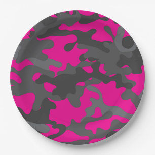 Bright Pink and Grey Camouflage Paper Plates