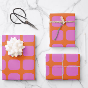 Bright Pink and Orange Geometric Grid Pattern Wrapping Paper Sheet
