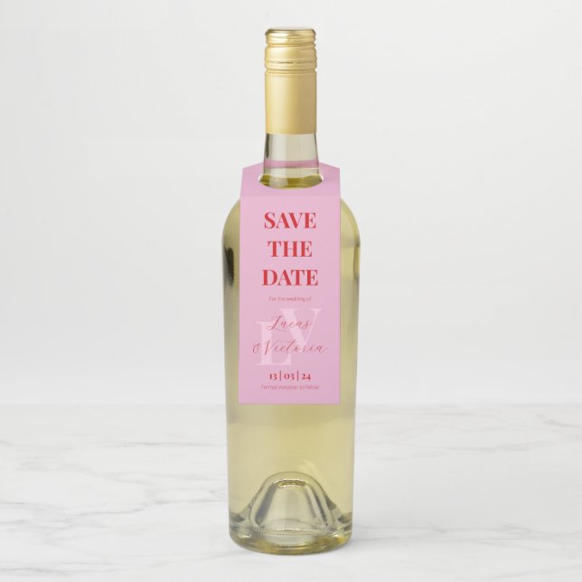 Bright Pink and Red Initial Wedding Save The Date Bottle Tag (On Bottle)