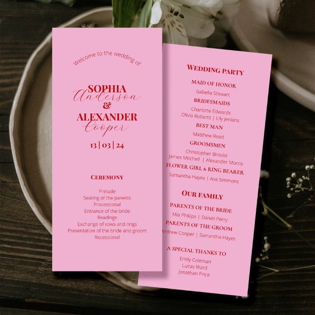 Bright pink and red minimalist Wedding Program  (Creator Uploaded)