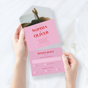 Bright pink and red photo wedding  all in one invitation