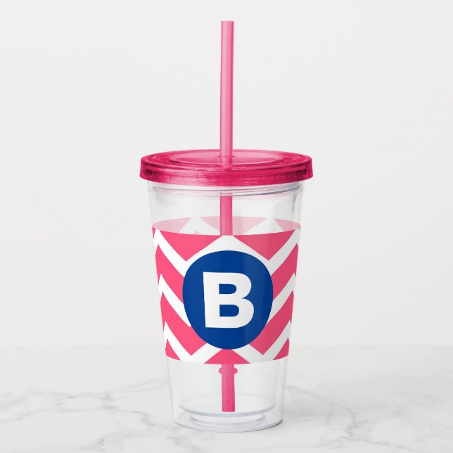 Bright Pink and White Chevron Pattern Monogram Acrylic Tumbler (Front)