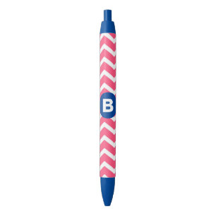 Bright Pink and White Chevron Pattern Monogram Black Ink Pen