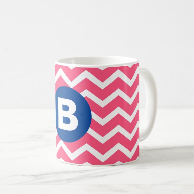 Bright Pink and White Chevron Pattern Monogram Coffee Mug (Front Right)