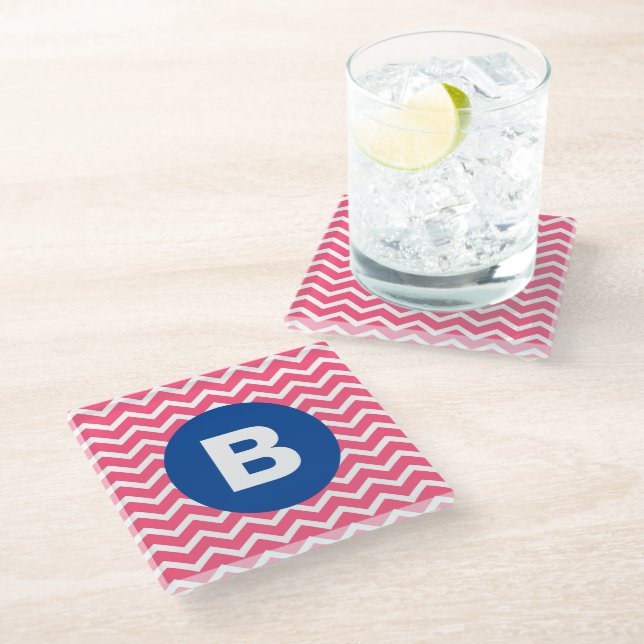 Bright Pink and White Chevron Pattern Monogram Glass Coaster (Angled)