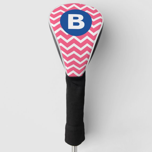 Bright Pink and White Chevron Pattern Monogram Golf Head Cover (Front)