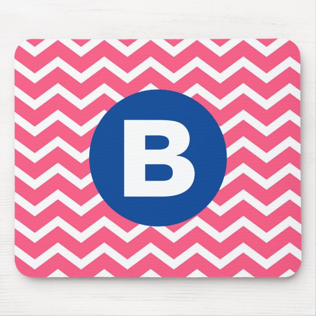 Bright Pink and White Chevron Pattern Monogram Mouse Pad (Front)