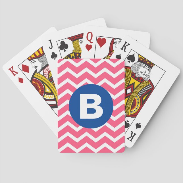 Bright Pink and White Chevron Pattern Monogram Playing Cards (Back)