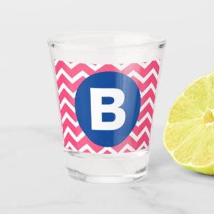 Bright Pink and White Chevron Pattern Monogram Shot Glass