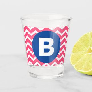 Bright Pink and White Chevron Pattern Monogram Shot Glass
