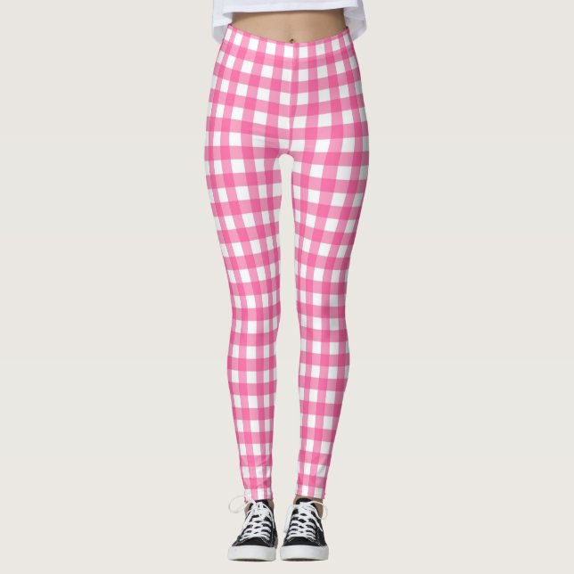 Bright Pink and White Gingham Leggings (Front)