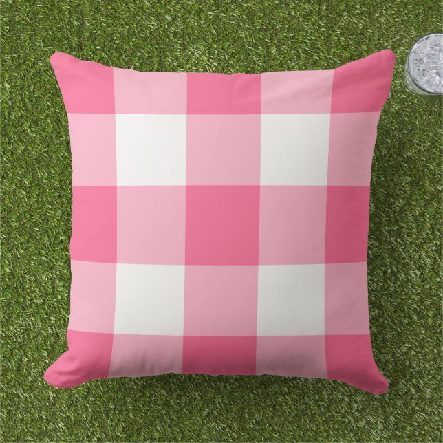 Bright Pink and White Gingham Plaid Pattern Cushion (Grass)