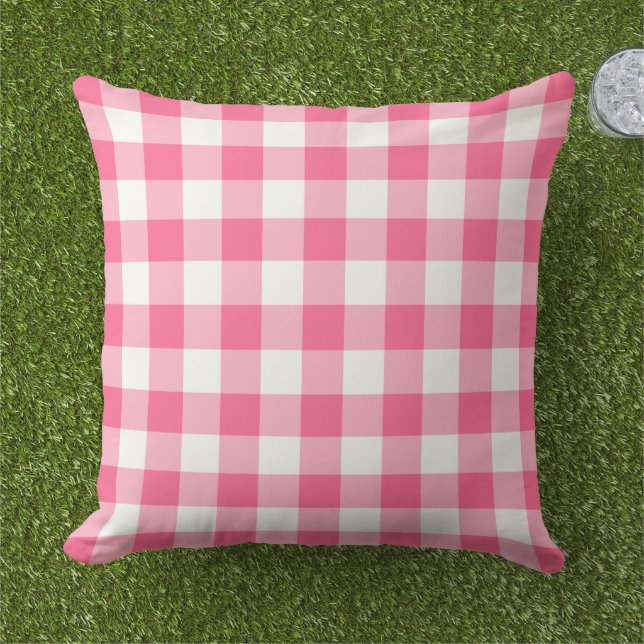 Bright Pink and White Gingham Plaid Pattern Cushion (Grass)