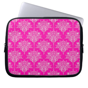 Bright Pink and White Girly Damask Pattern Laptop Sleeve