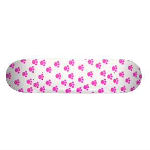 Bright Pink and White Paw Print Pattern. Skateboard